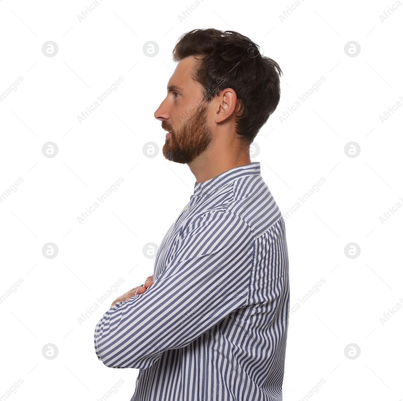 Photo of Profile portrait of bearded man on white background