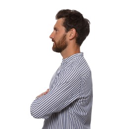 Photo of Profile portrait of bearded man on white background