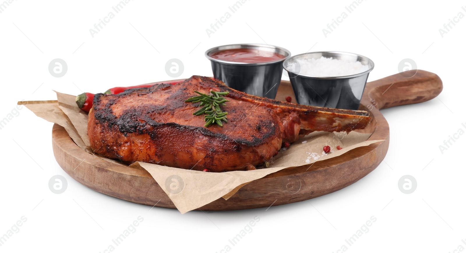 Photo of Board with tasty marinated meat, rosemary and spices isolated on white
