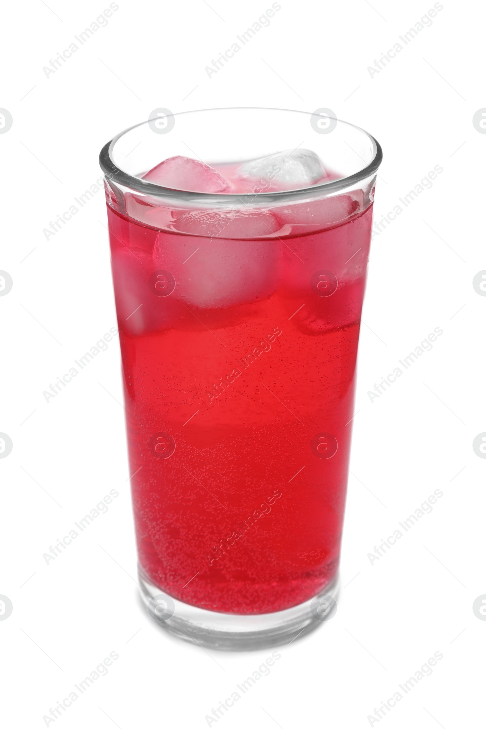 Photo of Glass of red soda water with ice cubes isolated on white