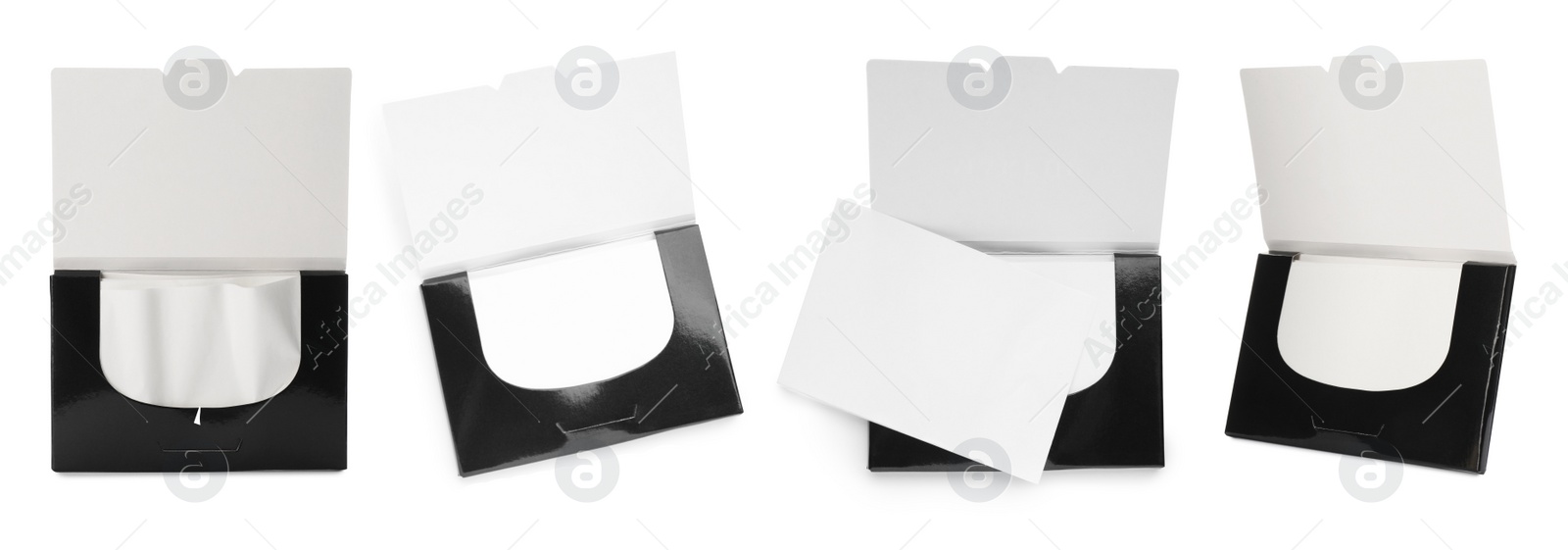 Image of Set with facial oil blotting tissues on white background, banner design. Mattifying wipes