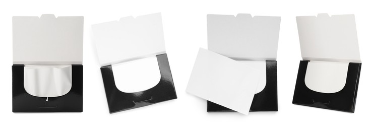 Set with facial oil blotting tissues on white background, banner design. Mattifying wipes