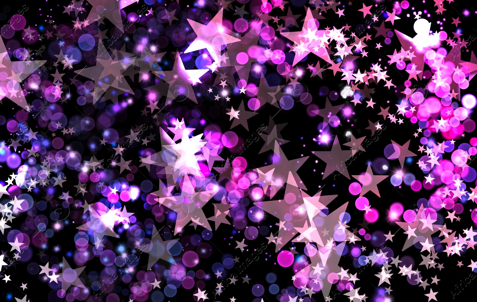 Image of Many beautiful shimmering stars and blurred lights on black background. Bokeh effect