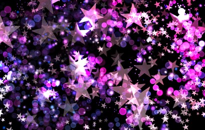 Image of Many beautiful shimmering stars and blurred lights on black background. Bokeh effect