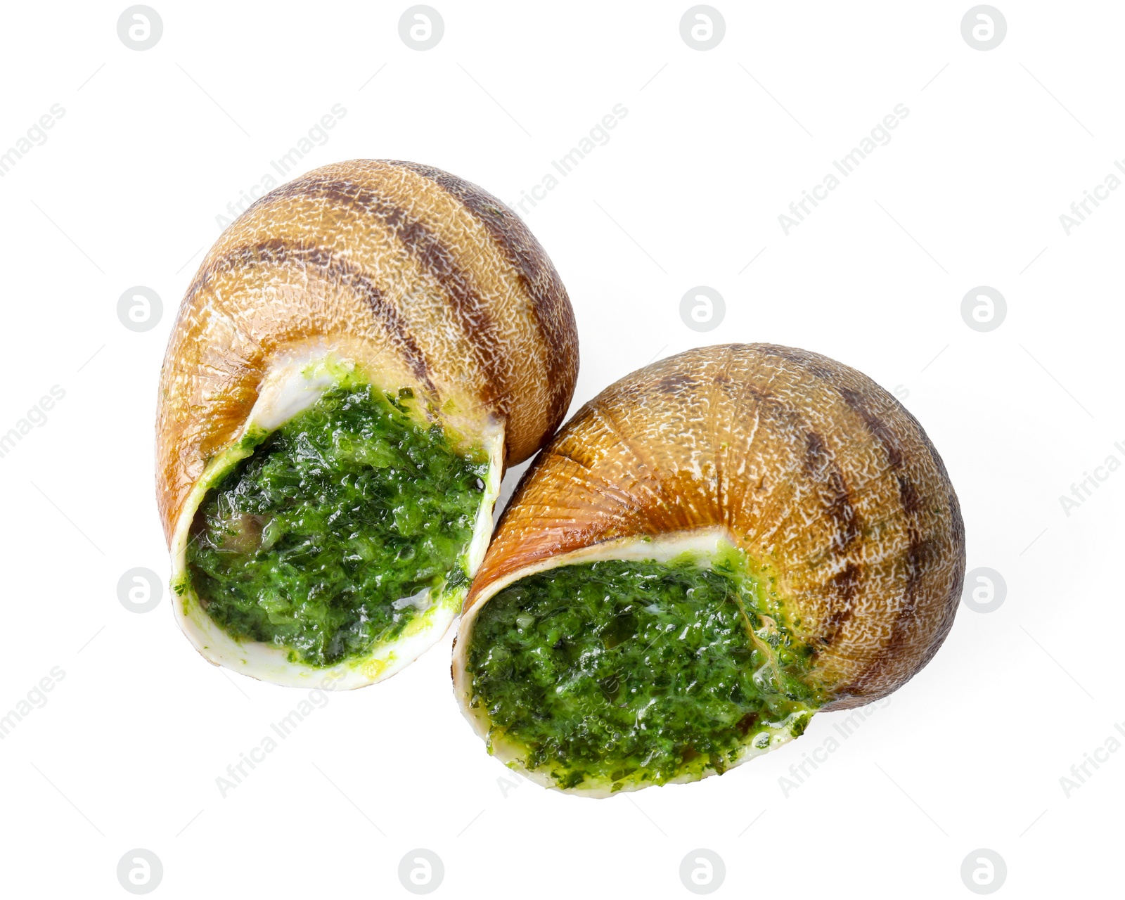 Photo of Two delicious cooked snails isolated on white, top view