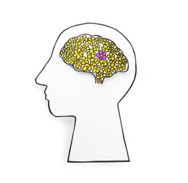 Photo of Human head cutout with brain on white background, top view. Epilepsy awareness