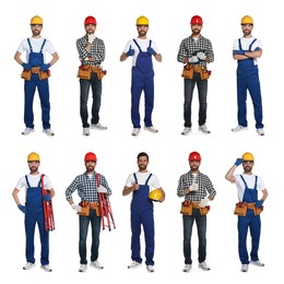 Image of Photos of builder with construction tools on white background, collage design