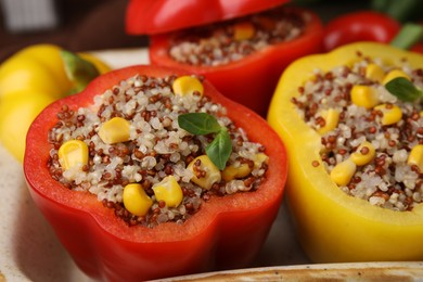 Photo of Quinoa stuffed bell peppers and basil in baking dish, closeup