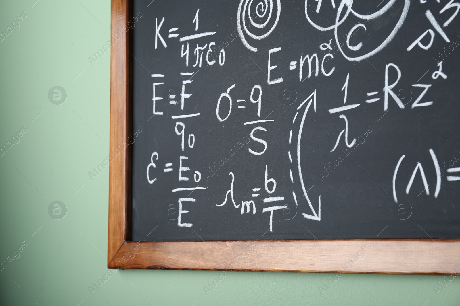 Photo of Blackboard with different physical formulas written with chalk on light green wall