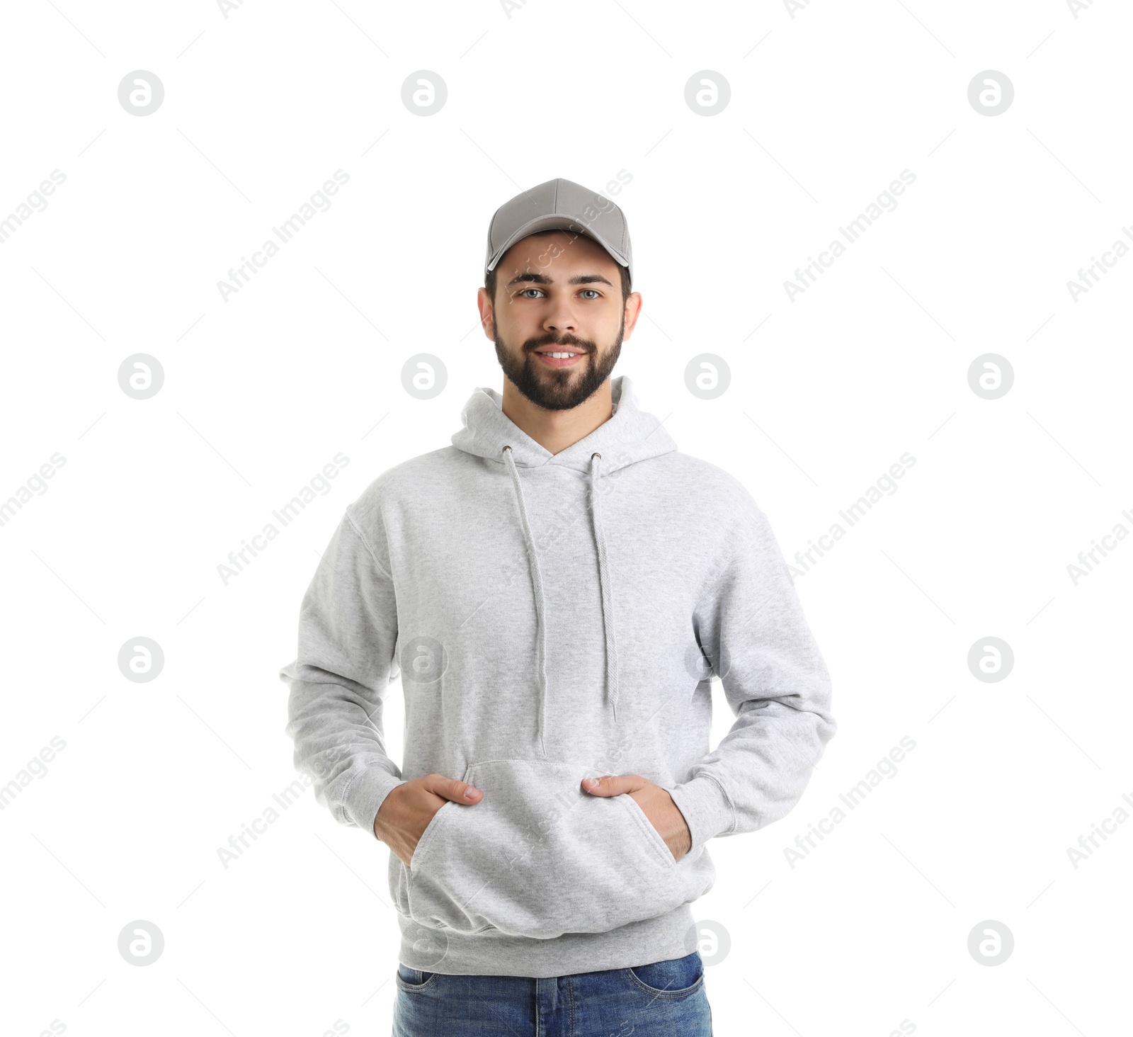 Photo of Portrait of young man in sweater isolated on white. Mock up for design