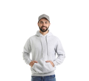 Portrait of young man in sweater isolated on white. Mock up for design