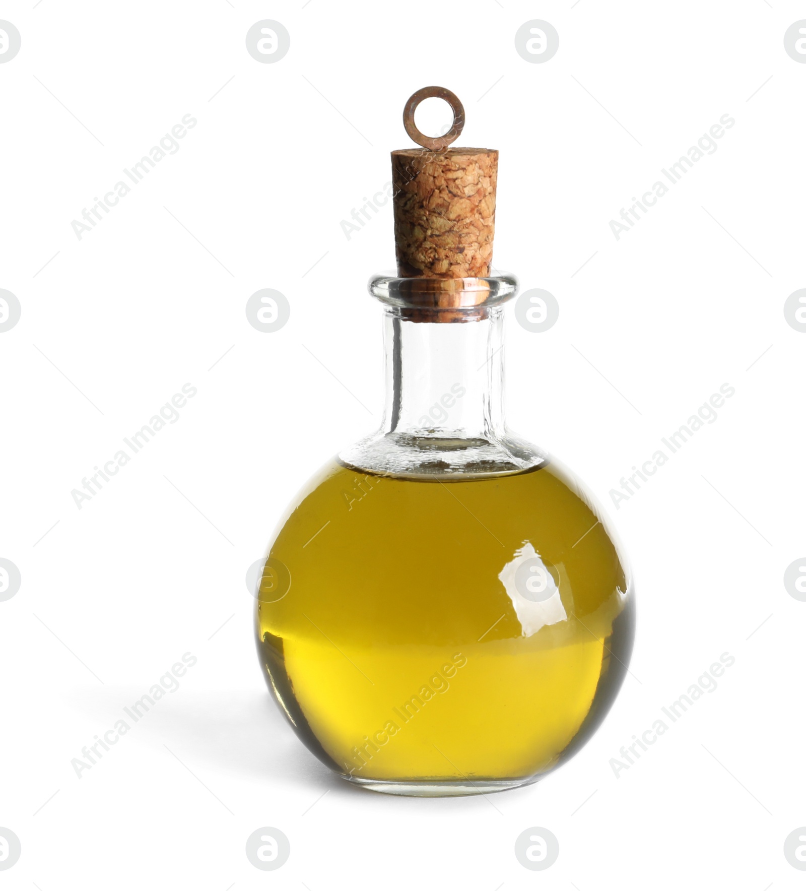 Photo of Glass bottle with fresh olive oil on white background