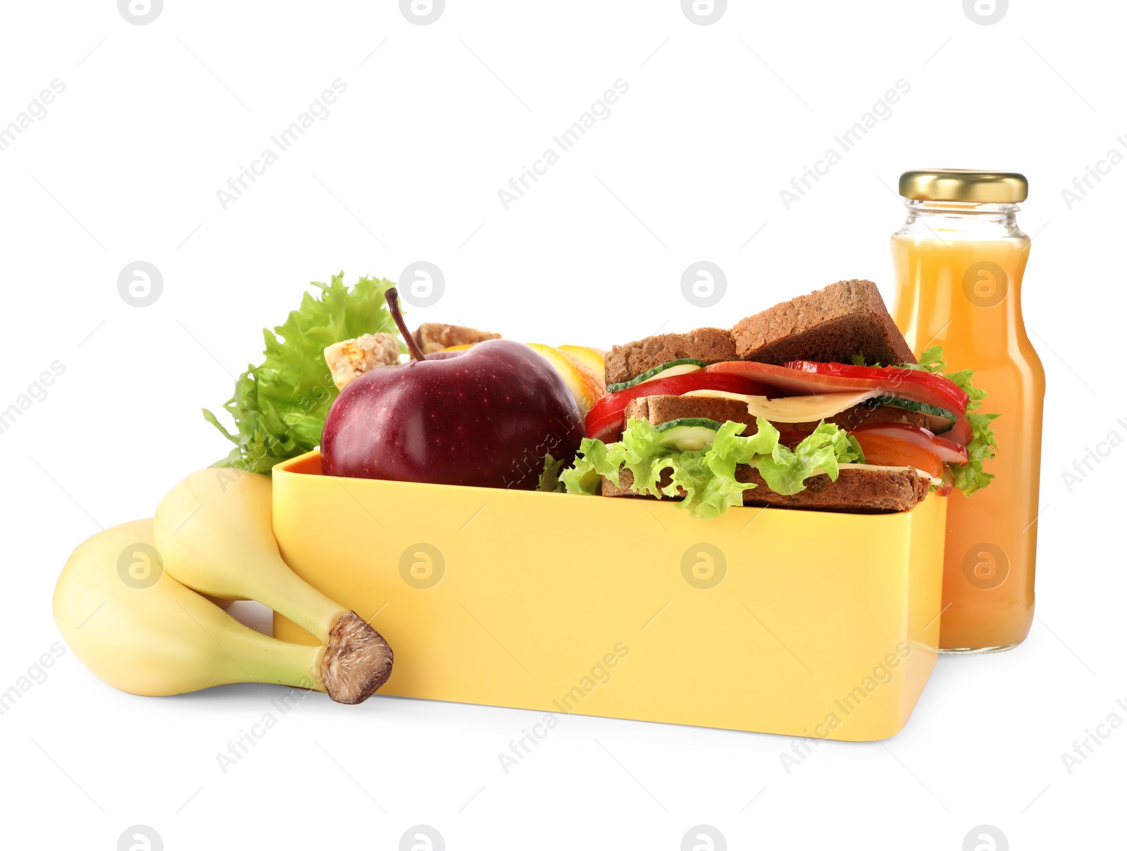 Photo of Lunch box with healthy food for schoolchild isolated on white