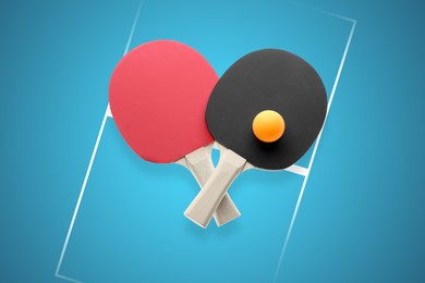 Ping pong paddles and ball on blue background, top view. Table tennis championship