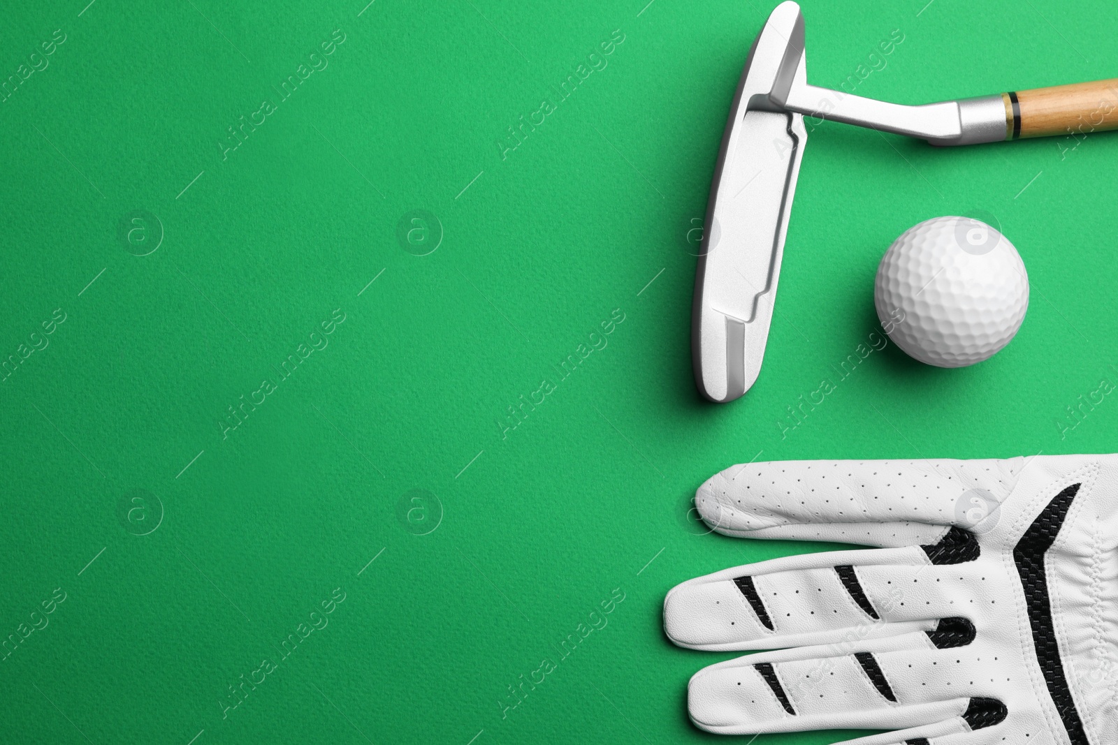 Photo of Set of golf equipment on color background, flat lay. Space for text