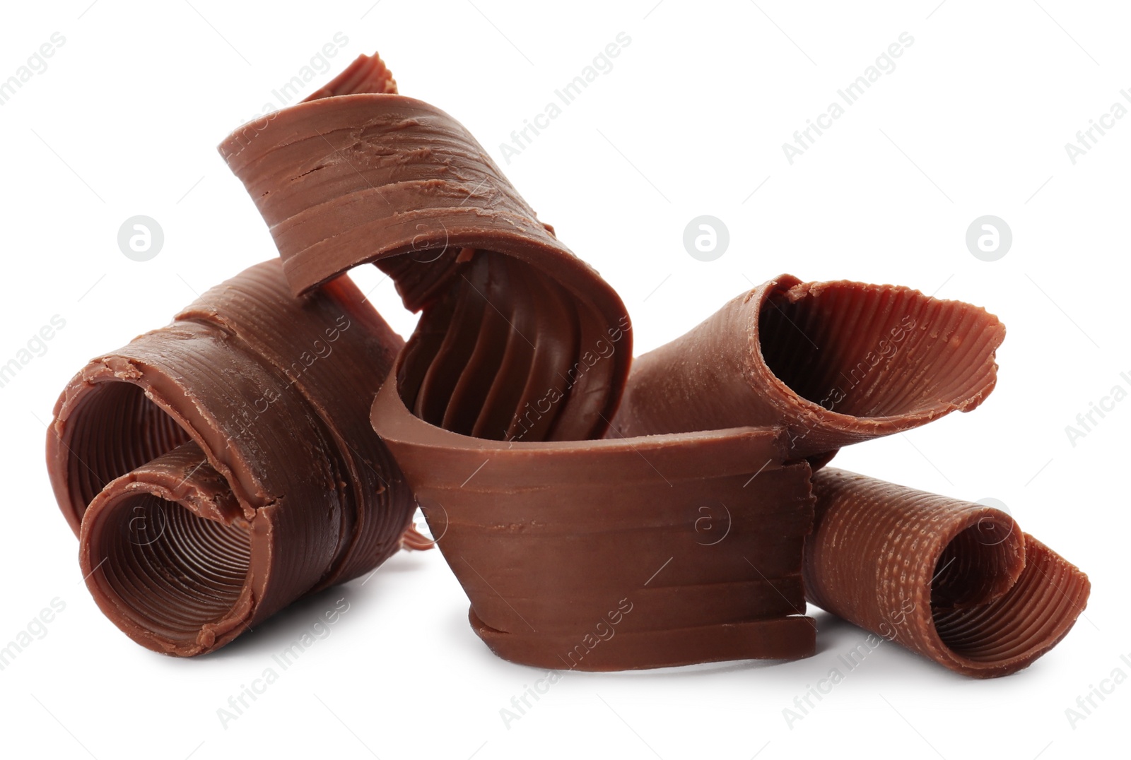 Photo of Yummy chocolate curls for decor on white background