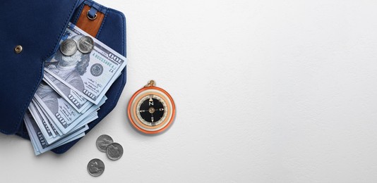 Image of Exchange rate. Wallet, money (dollar banknotes and coins) and compass on white background, flat lay. Banner design with space for text
