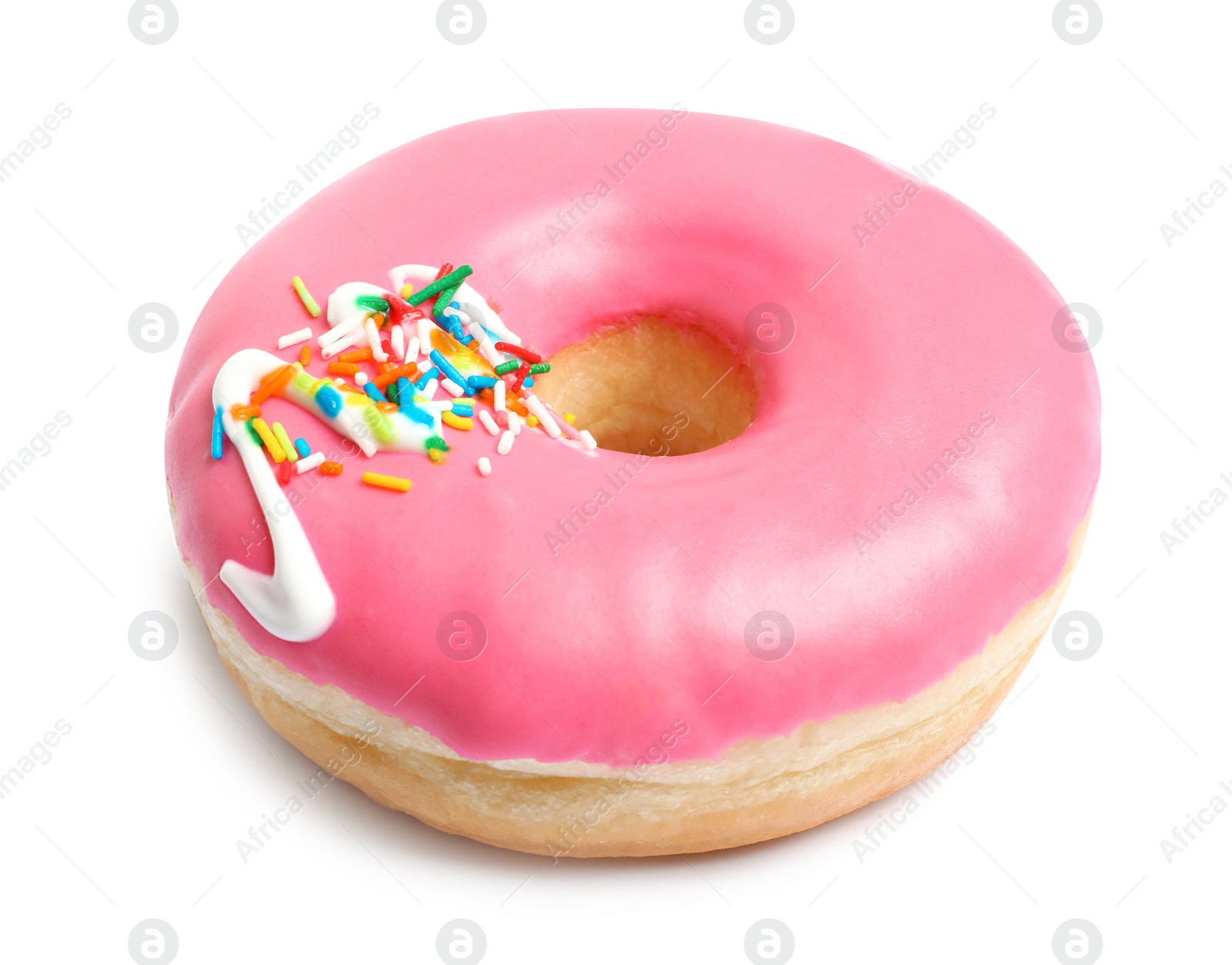 Photo of Sweet delicious glazed donut on white background