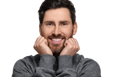 Photo of Smiling man with healthy clean teeth on white background
