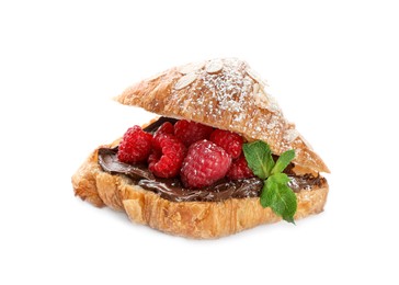 Photo of Delicious croissant with raspberries, chocolate and mint isolated on white