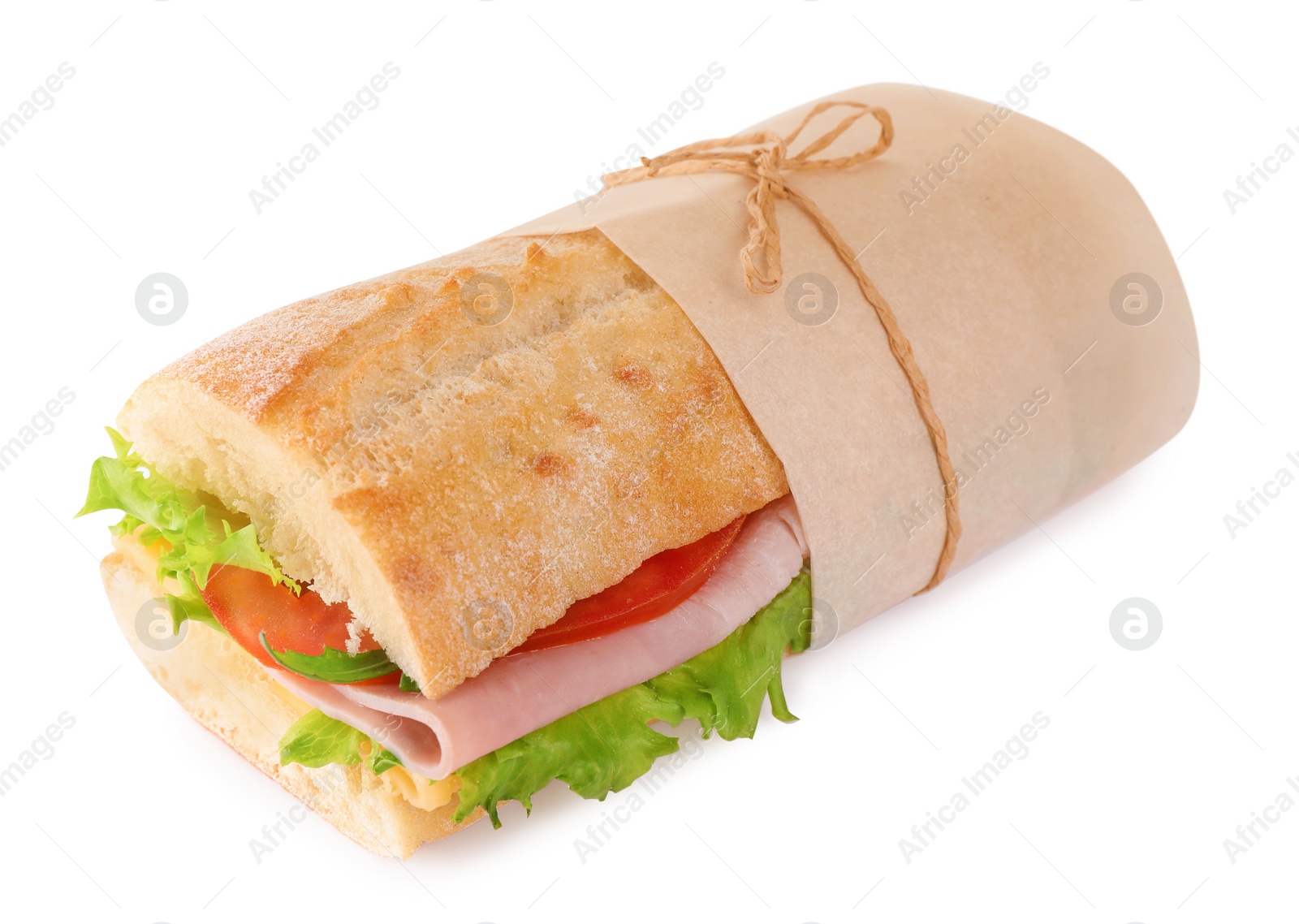 Photo of Tasty sandwich with ham isolated on white