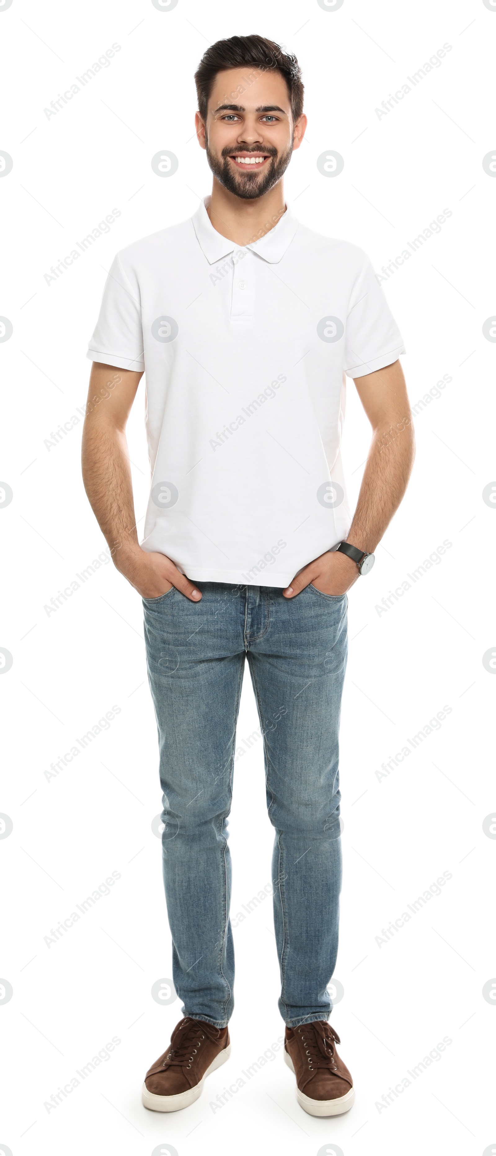 Photo of Young man in t-shirt on white background. Mock up for design