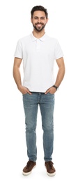 Photo of Young man in t-shirt on white background. Mock up for design