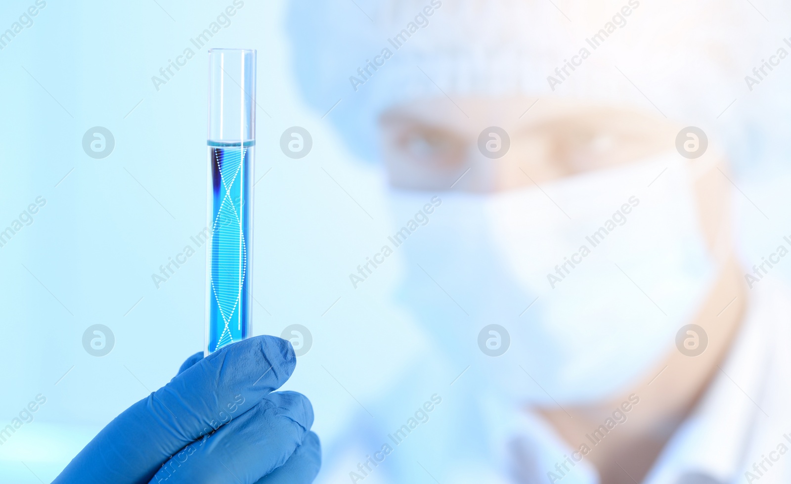 Image of Genetics research. Scientist holding test tube with liquid and illustration of DNA structure, selective focus