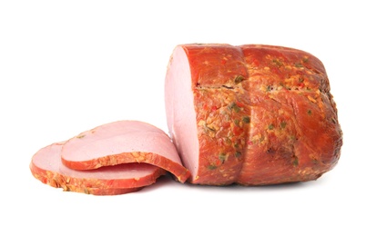 Photo of Smoked homemade delicious ham on white background