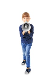 Photo of Cute little girl with megaphone on white background