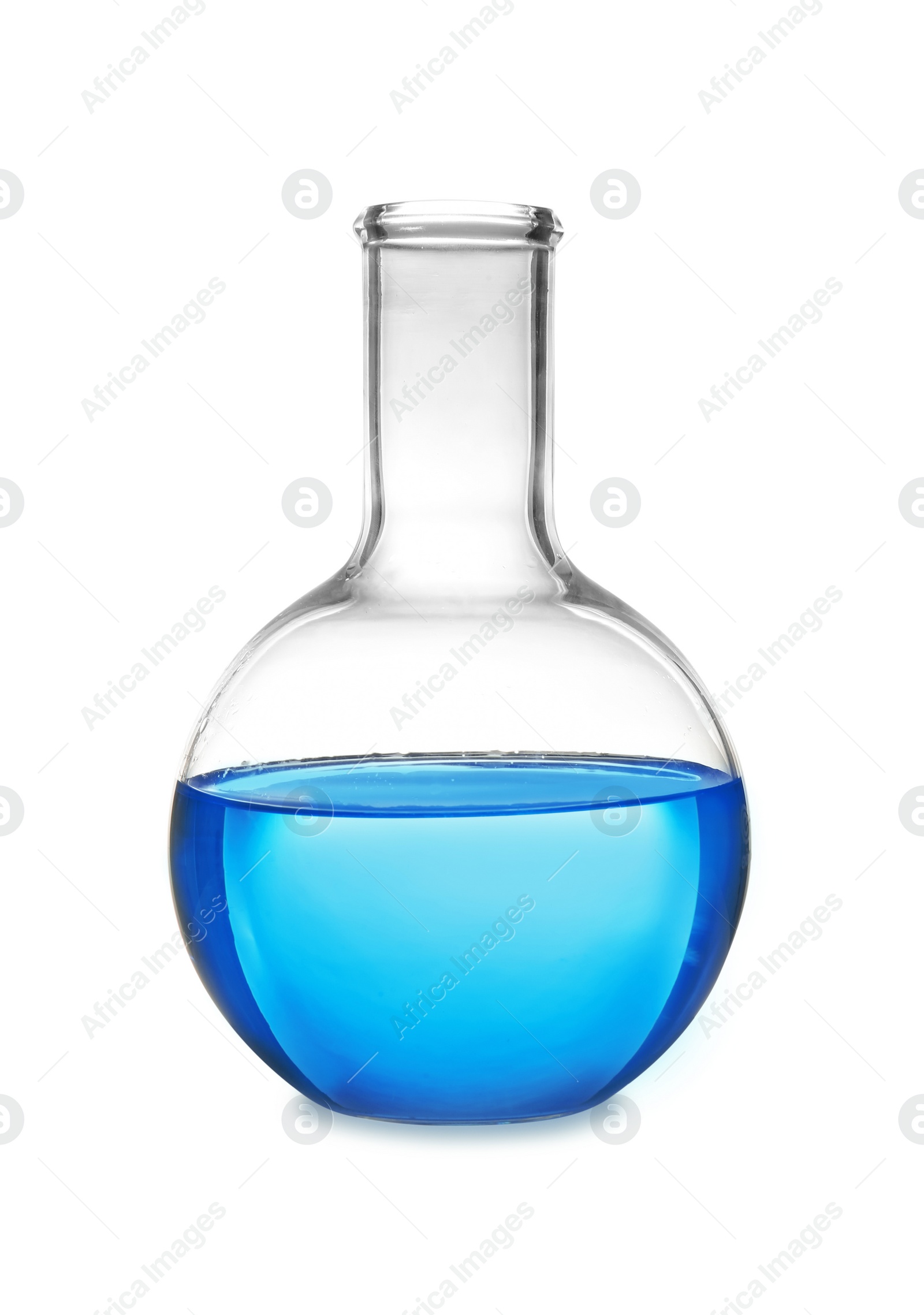 Photo of Flask with liquid on table against white background. Laboratory analysis