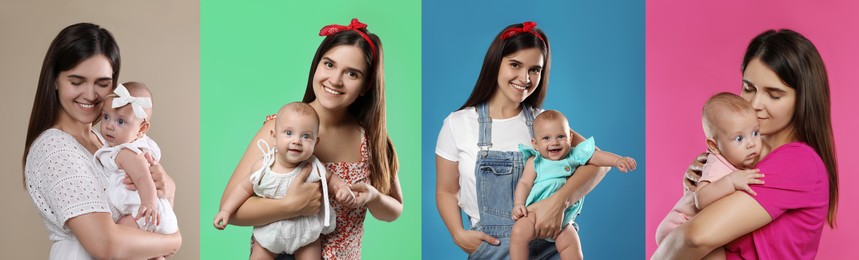 Image of Collage with photos beautiful mother and her cute baby on different color backgrounds. Banner design