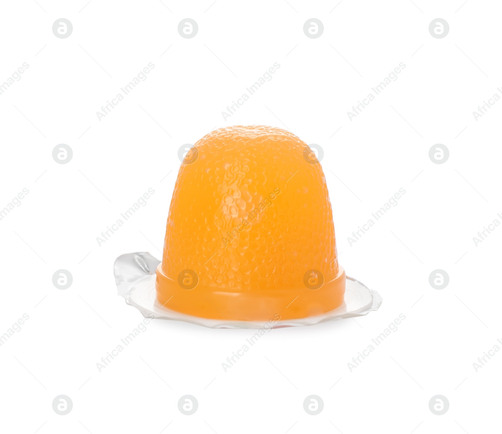 Photo of Delicious orange jelly cup isolated on white