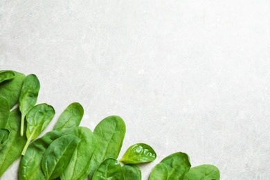 Photo of Fresh green healthy spinach on light table, flat lay. Space for text