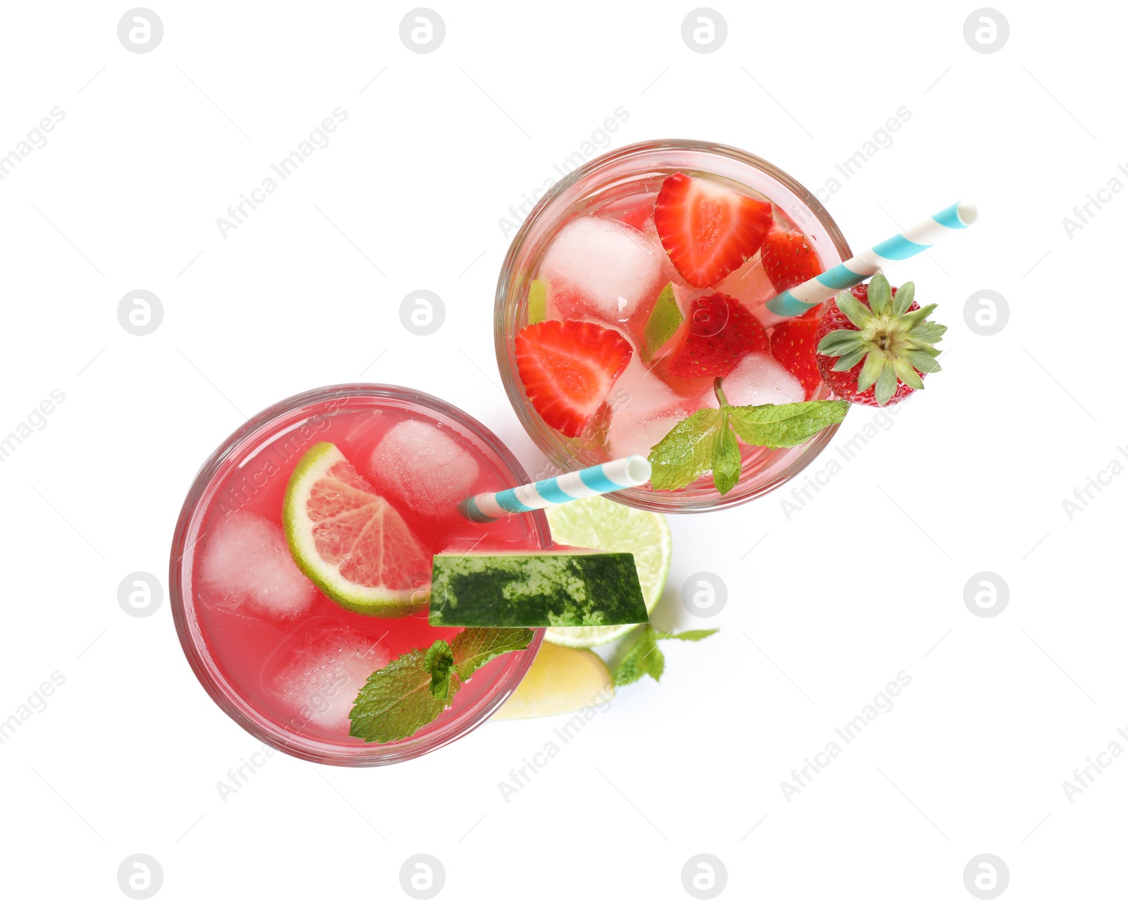 Photo of Glasses of tasty refreshing drinks on white background, top view