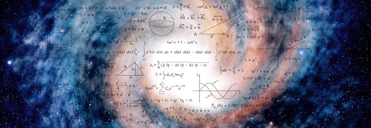 Illustration of  basic physics and mathematics formulas and galaxy in universe. Banner design