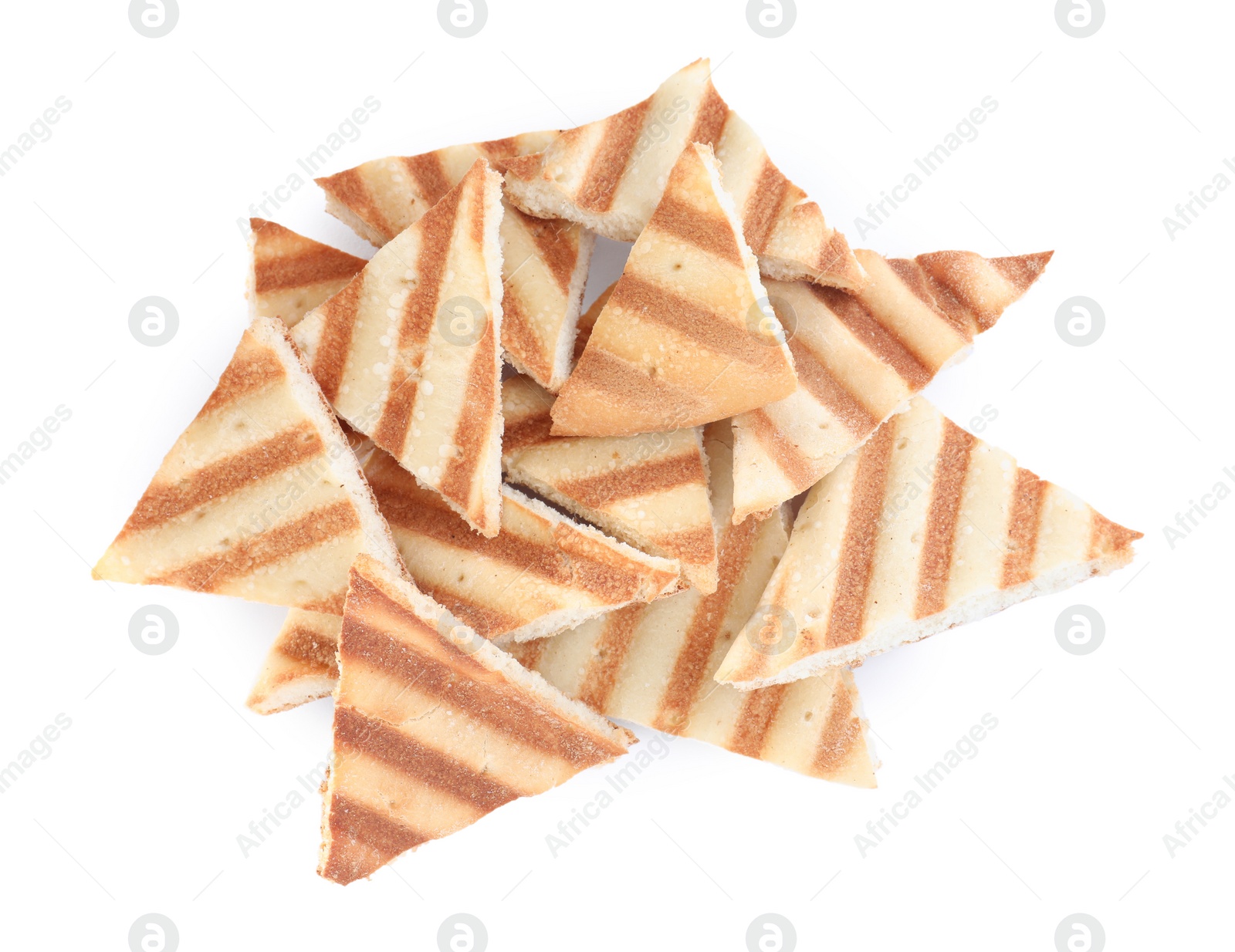 Photo of Delicious pita chips on white background, top view