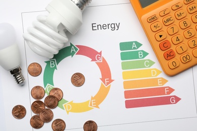 Photo of Flat lay composition with energy efficiency rating chart and calculator on white background