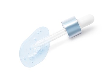 Dropper with serum on white background, top view. Skin care product