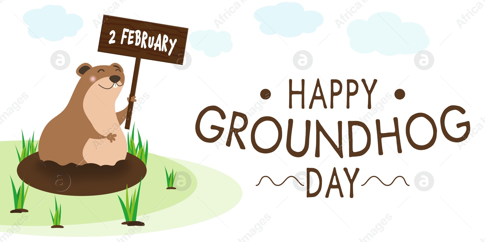 Illustration of Happy Groundhog Day greeting card with cute cartoon animal. Banner design