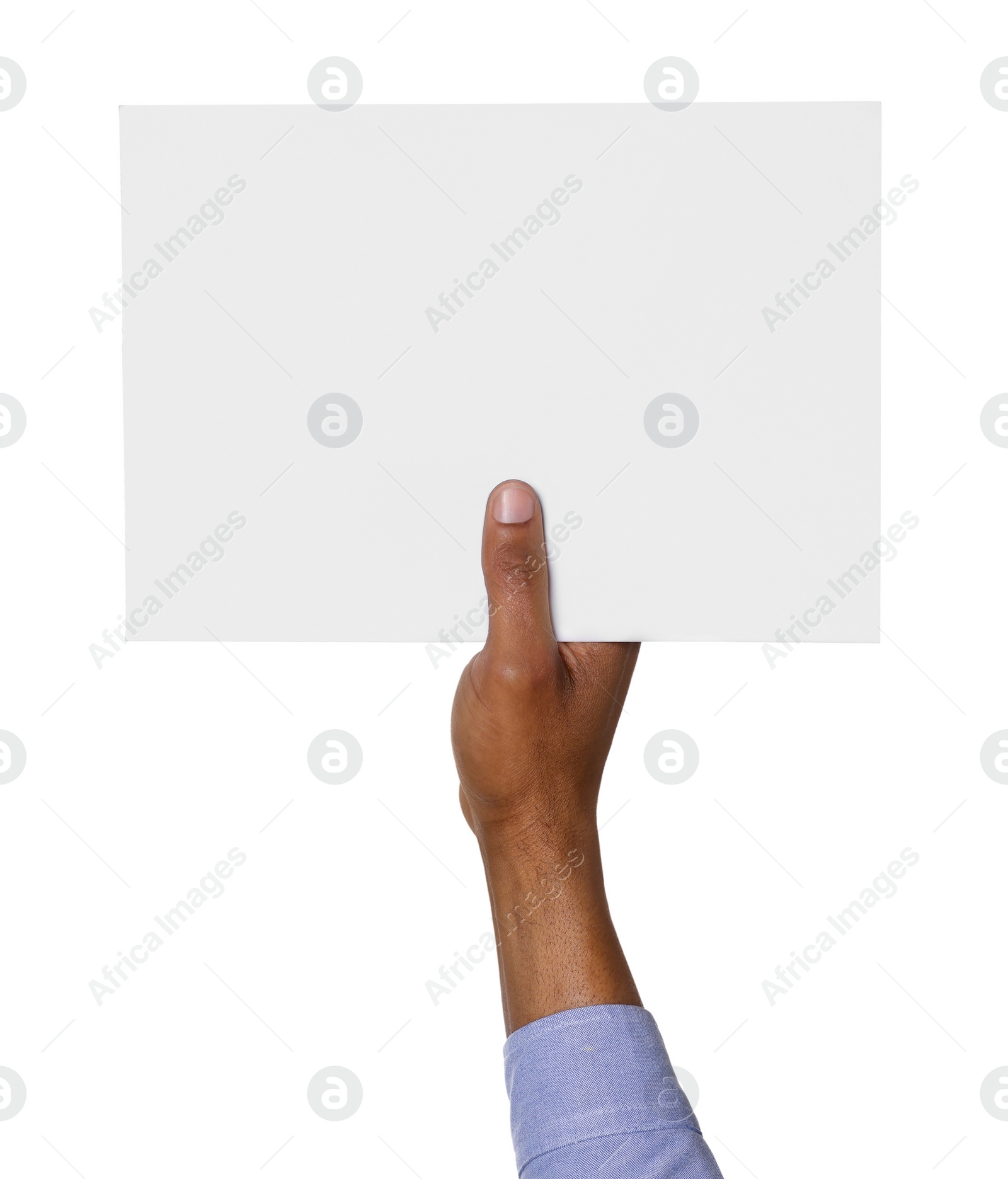 Photo of African American man holding sheet of paper on white background, closeup. Mockup for design