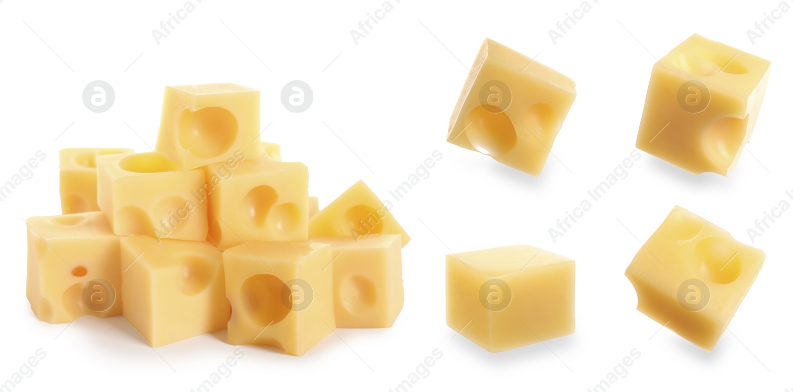 Image of Set of delicious cheese cubes on white background. Banner design