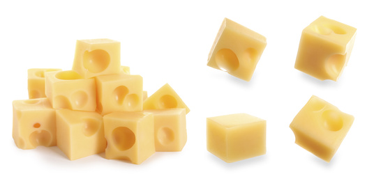 Image of Set of delicious cheese cubes on white background. Banner design