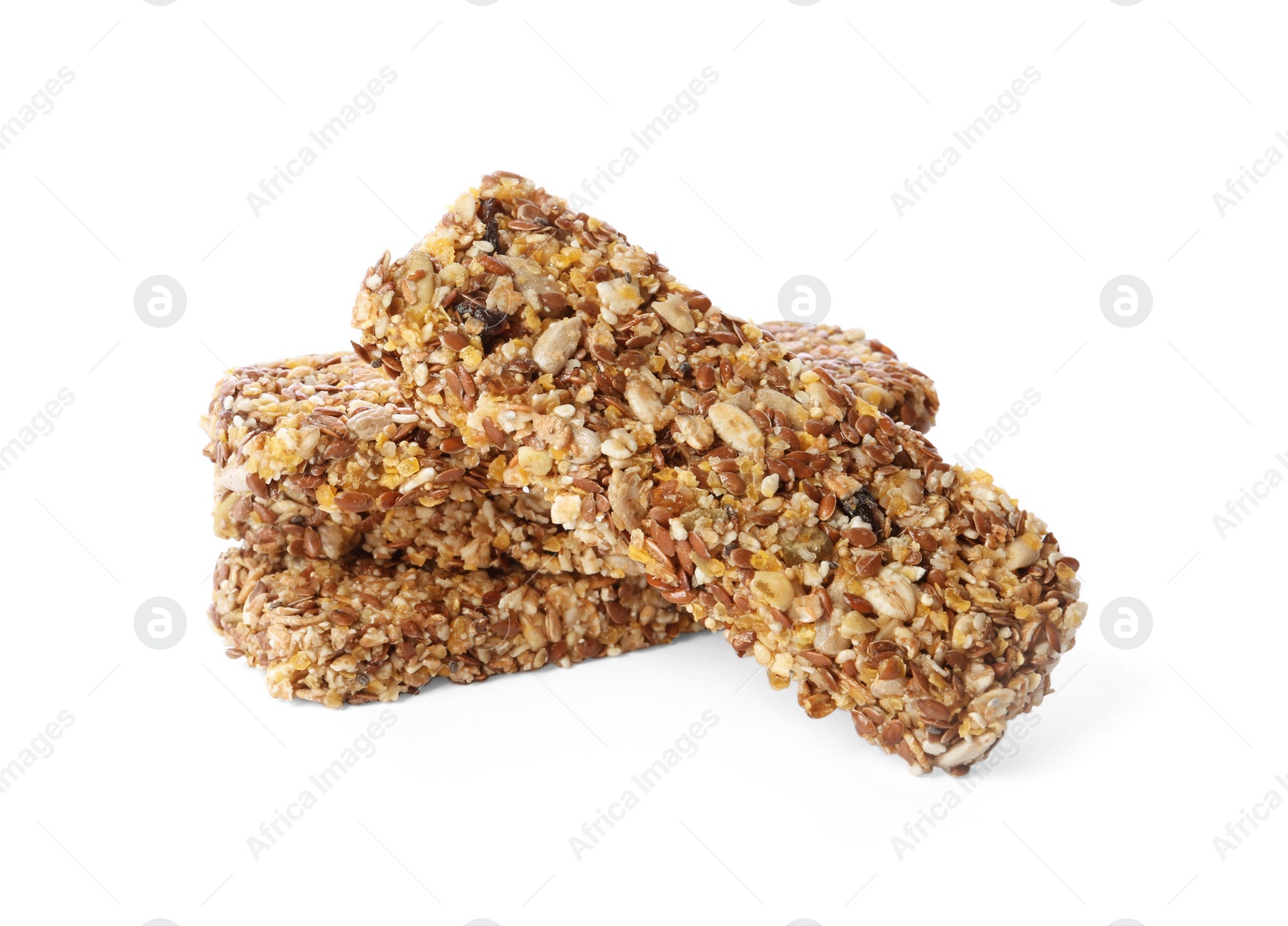 Image of Crunchy granola bars on white background. Healthy snack