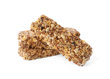 Image of Crunchy granola bars on white background. Healthy snack