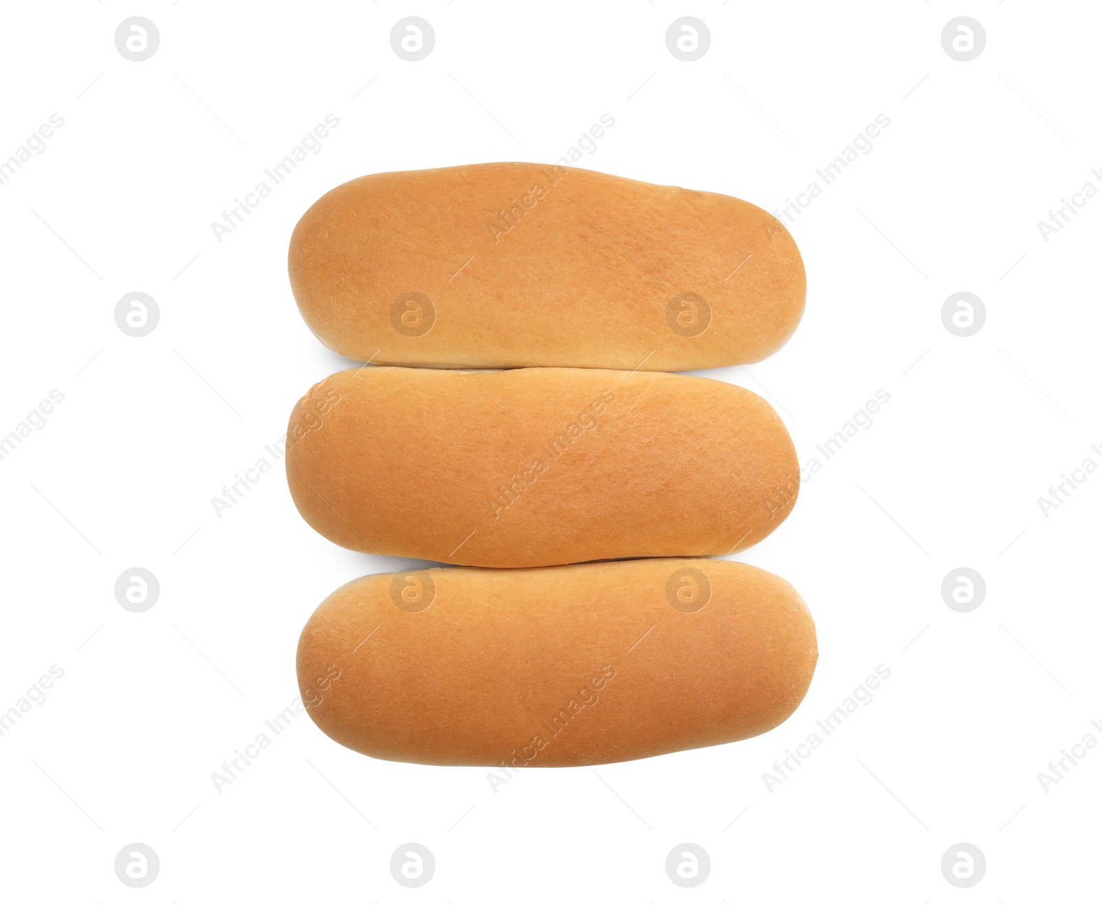 Photo of Tasty fresh buns for hot dogs on white background, top view