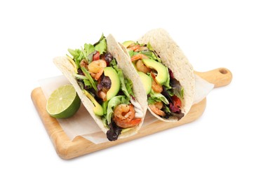 Photo of Delicious tacos with shrimps, avocado and lime on white background