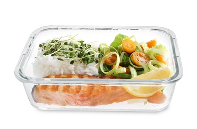 Photo of Healthy meal. Grilled salmon, rice and salad in container isolated on white