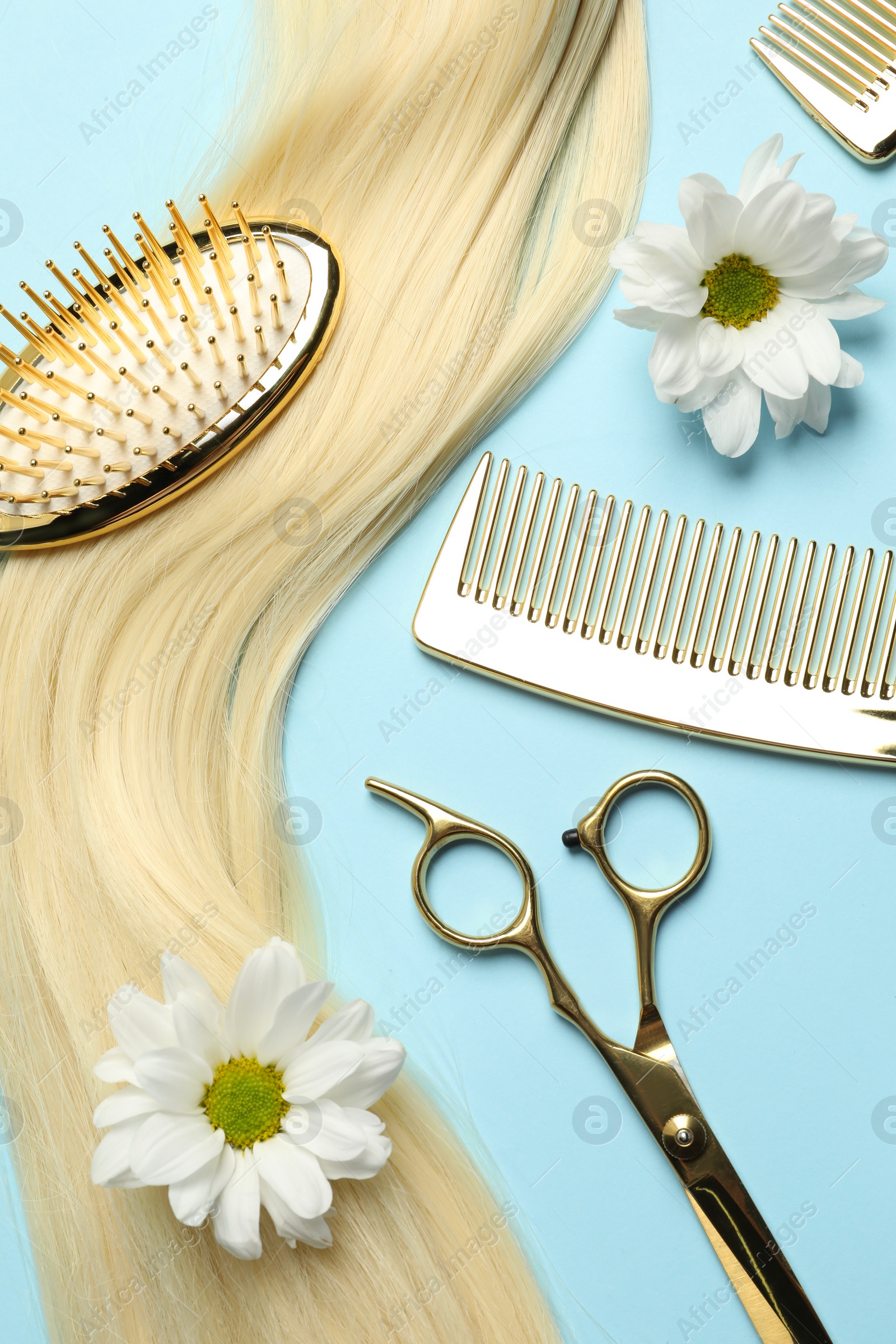 Photo of Flat lay composition with professional hairdresser tools, flowers and blonde hair strand on light blue background