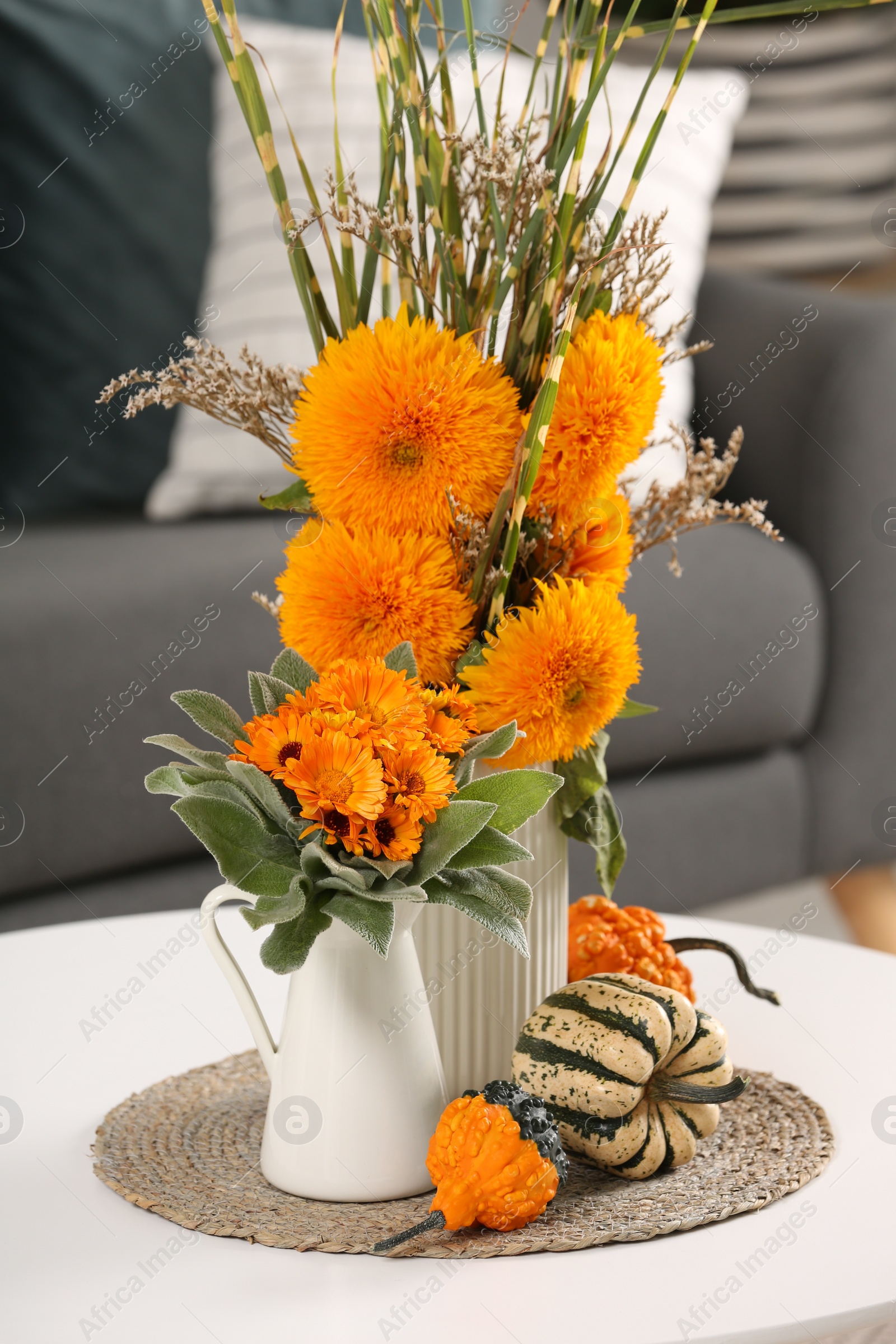 Photo of Beautiful bouquets with bright orange flowers and pumpkins on coffee table indoors. Autumn vibes